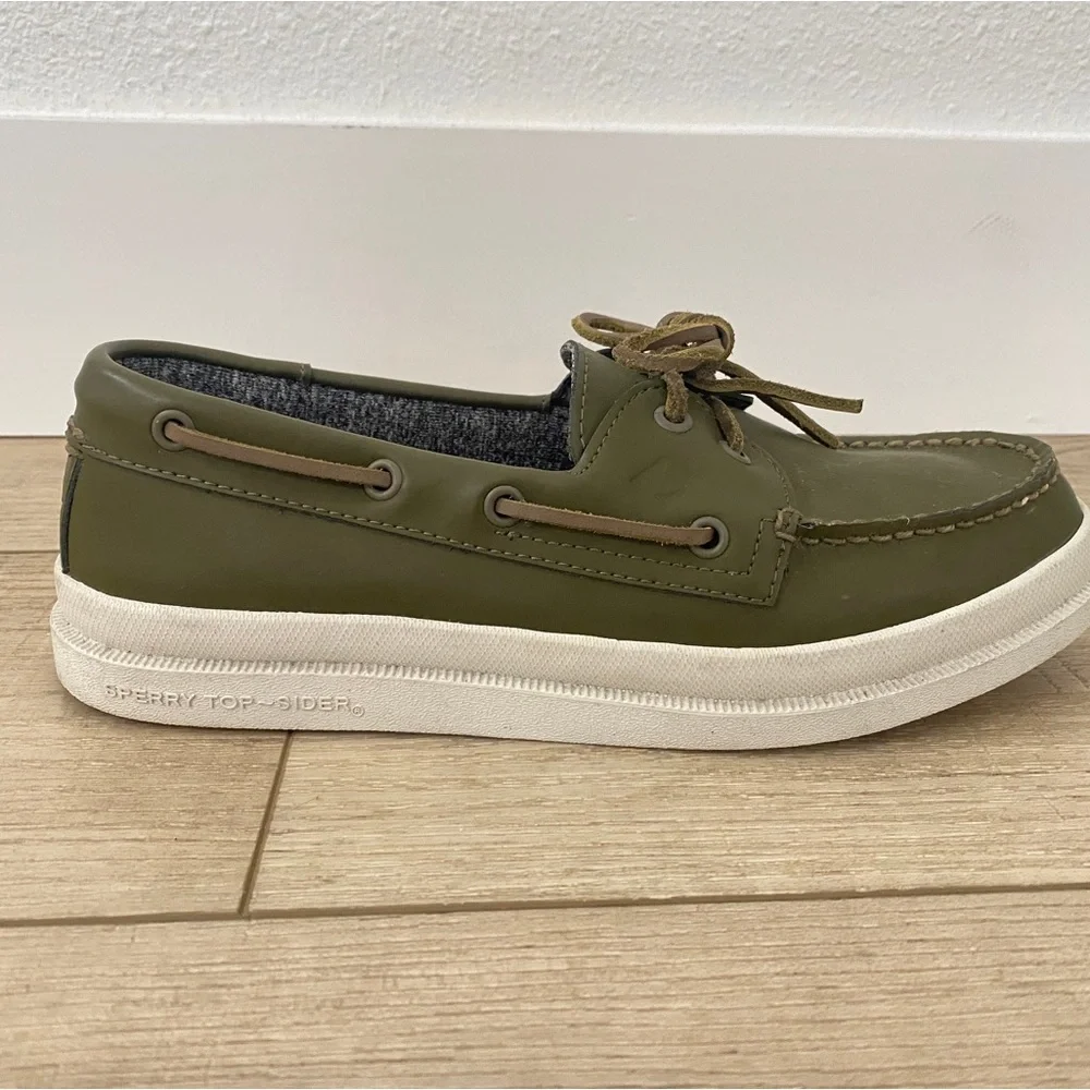 Sperry Top Sider Leather 2 Eye Raincoat Olive Green Boat Shoes